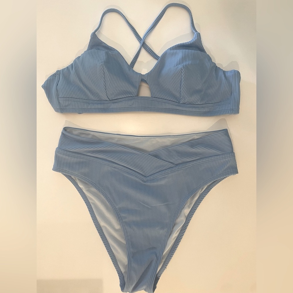 Ocean Rib Tie Back Bralette & Cross High Waisted Cheeky Bikini Set
